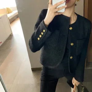 Autumn New Black Tweed Coat Women  Elegant Slim Fit  Long Sleeve Jackets