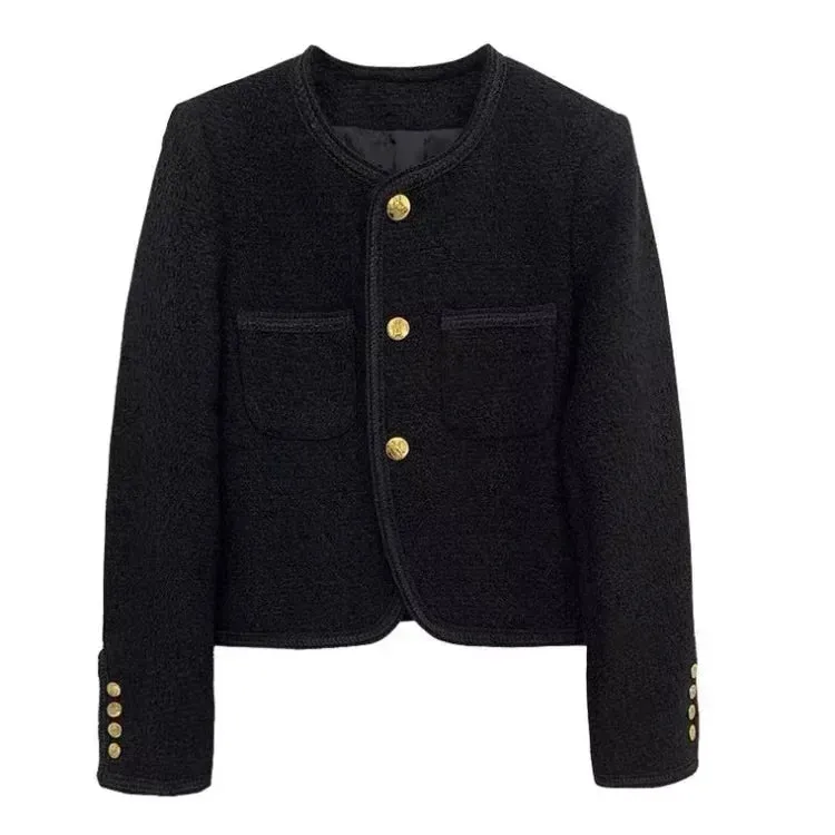 Autumn New Black Tweed Coat Women  Elegant Slim Fit  Long Sleeve Jackets