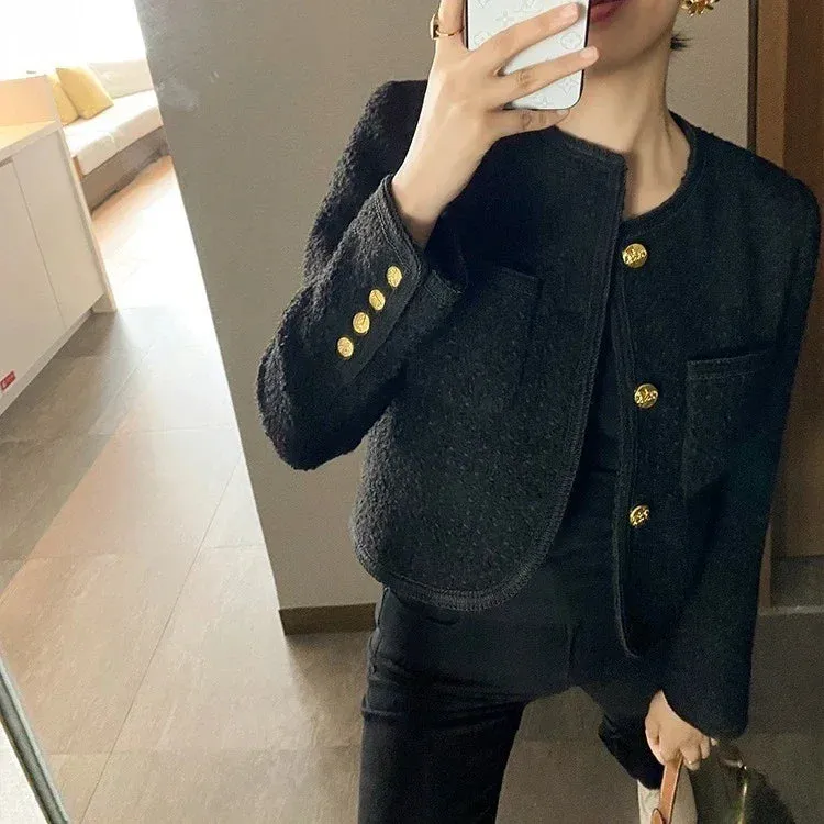 Autumn New Black Tweed Coat Women  Elegant Slim Fit  Long Sleeve Jackets