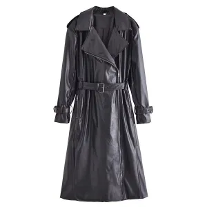 Black Faux Leather Belted Trench Coat