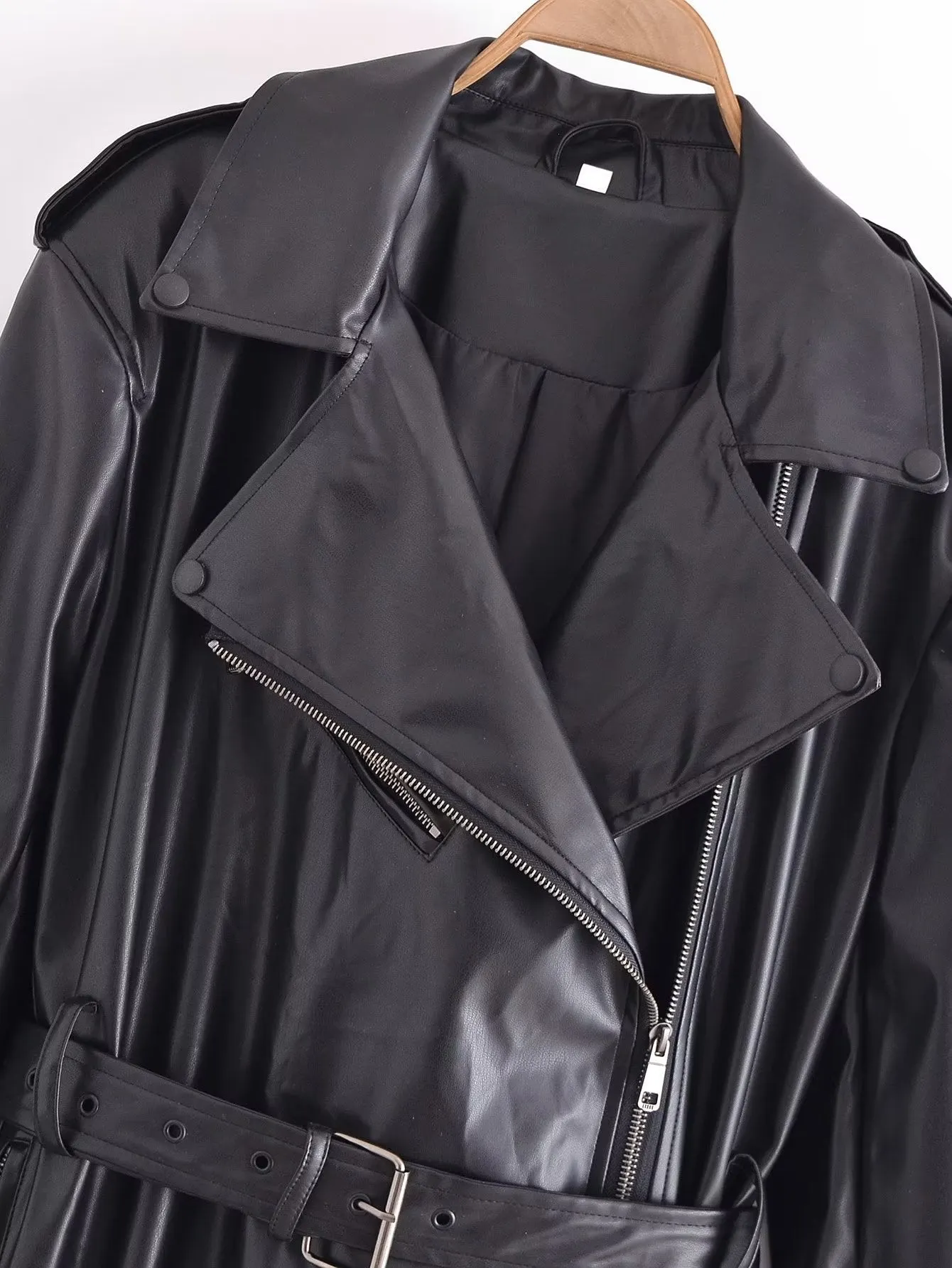 Black Faux Leather Belted Trench Coat