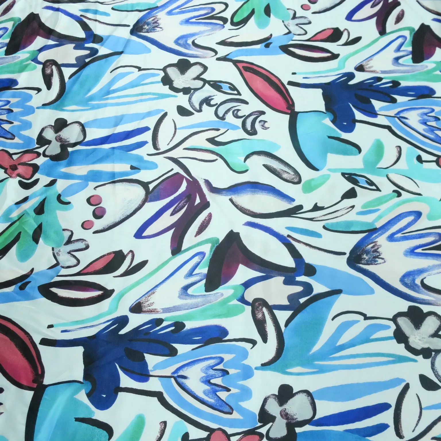 Blue and Aqua Floral Printed Silk Charmeuse Fabric