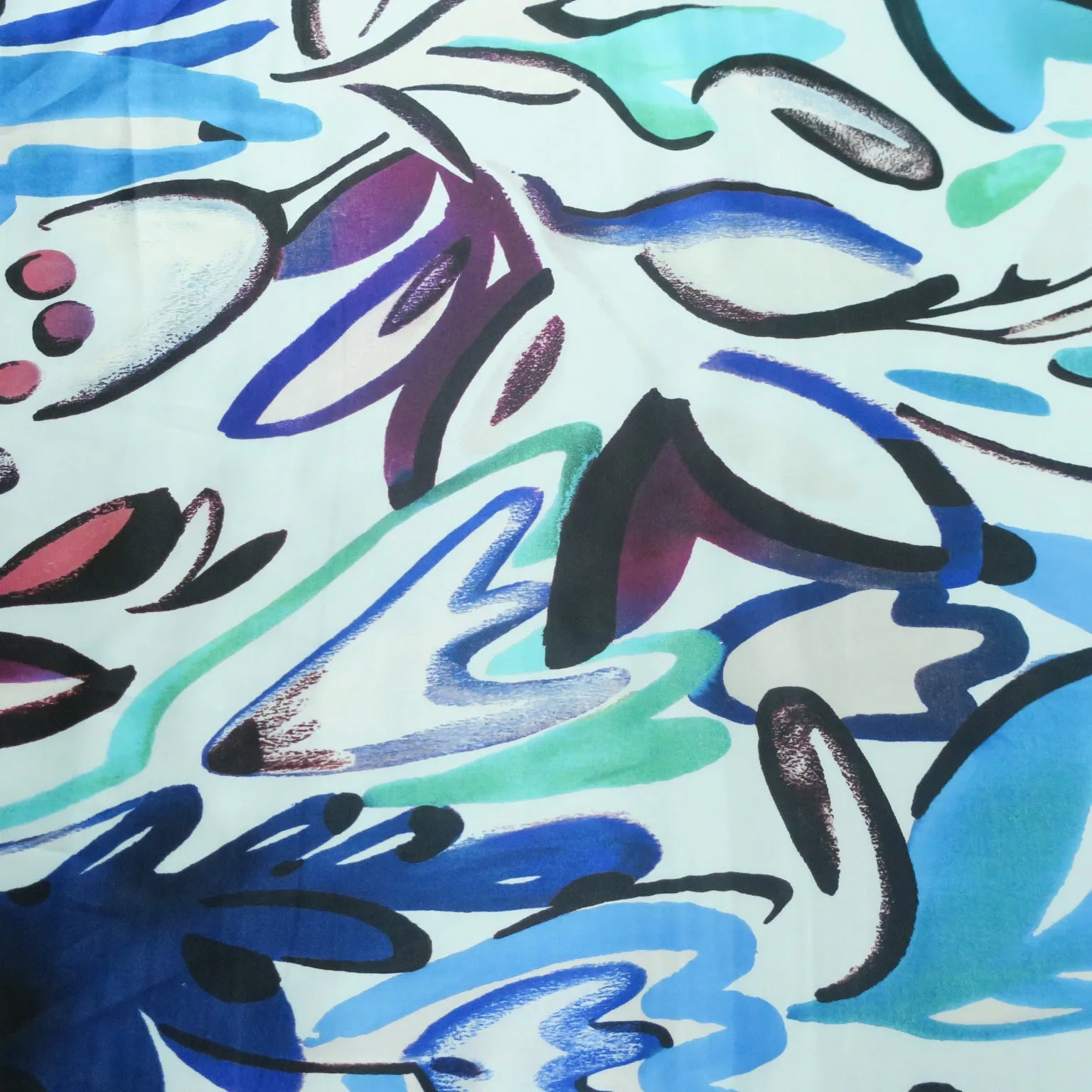 Blue and Aqua Floral Printed Silk Charmeuse Fabric