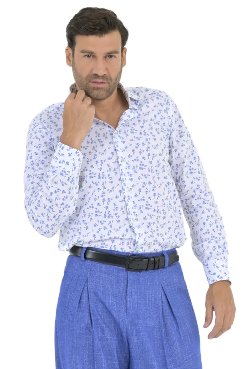 Blue Floral Print Men's Cotton Shirt