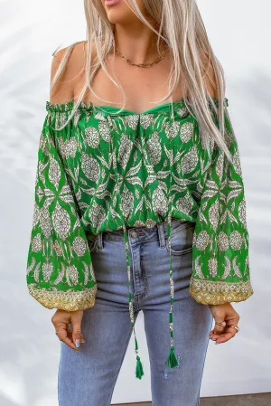 Bohemian Printed Tassel Tie Blouse