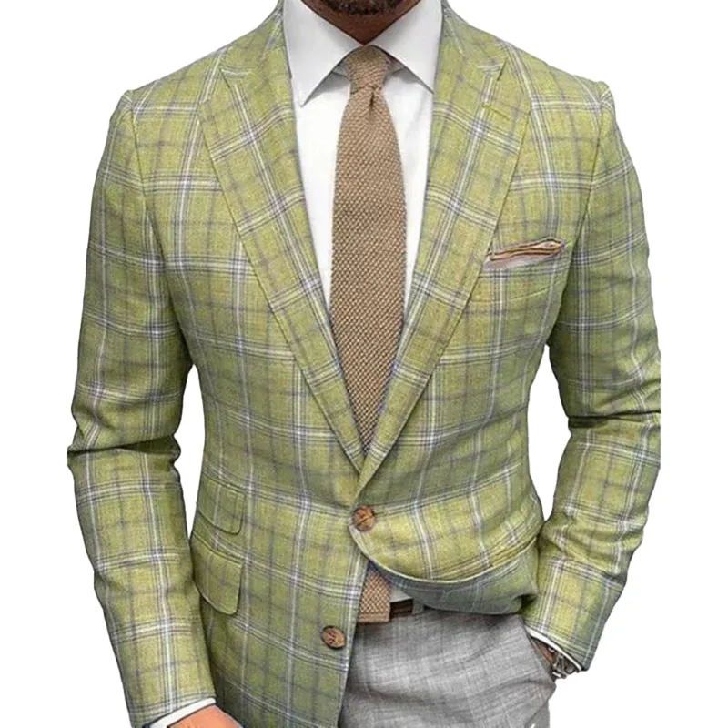 Business Plaid Lapel Collar Two Buttons Long Sleeve Blazer 250199985