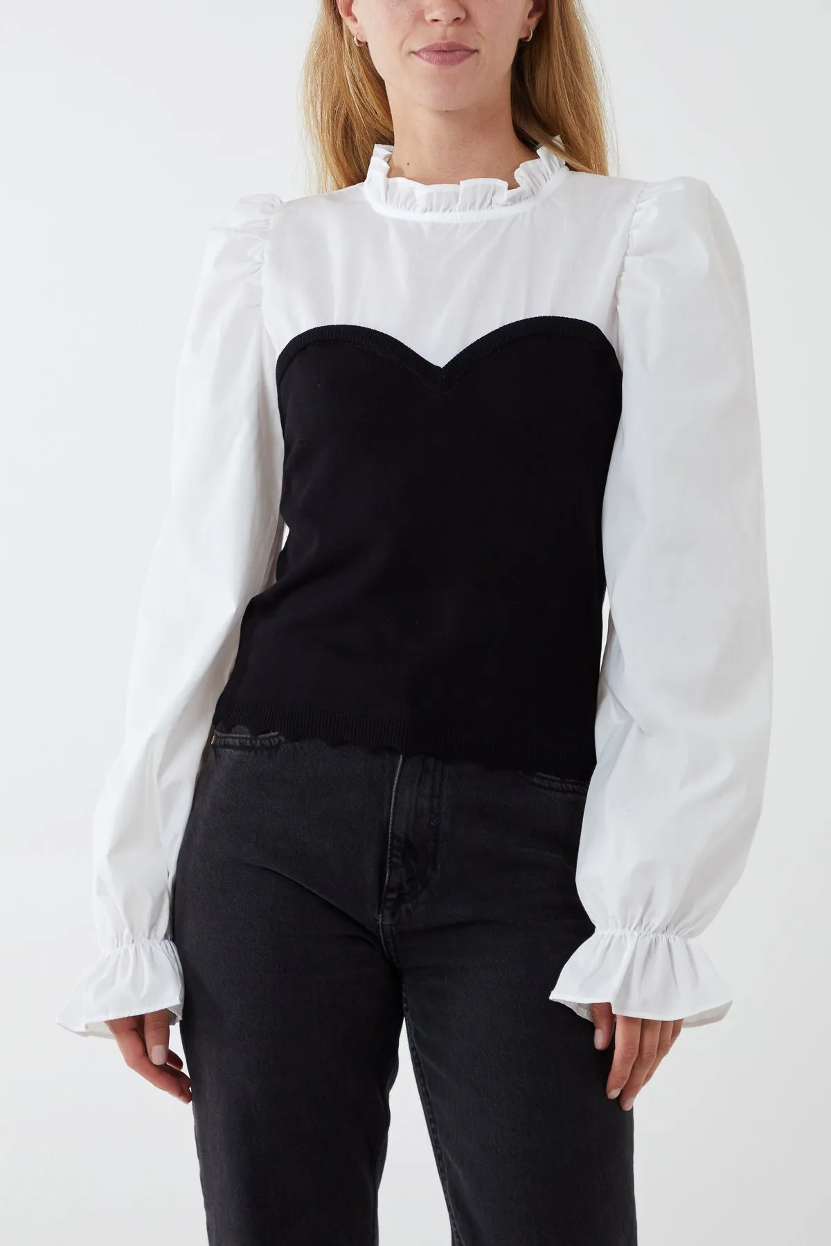 Corset Detail Frill Collar Puff Sleeve Shirt