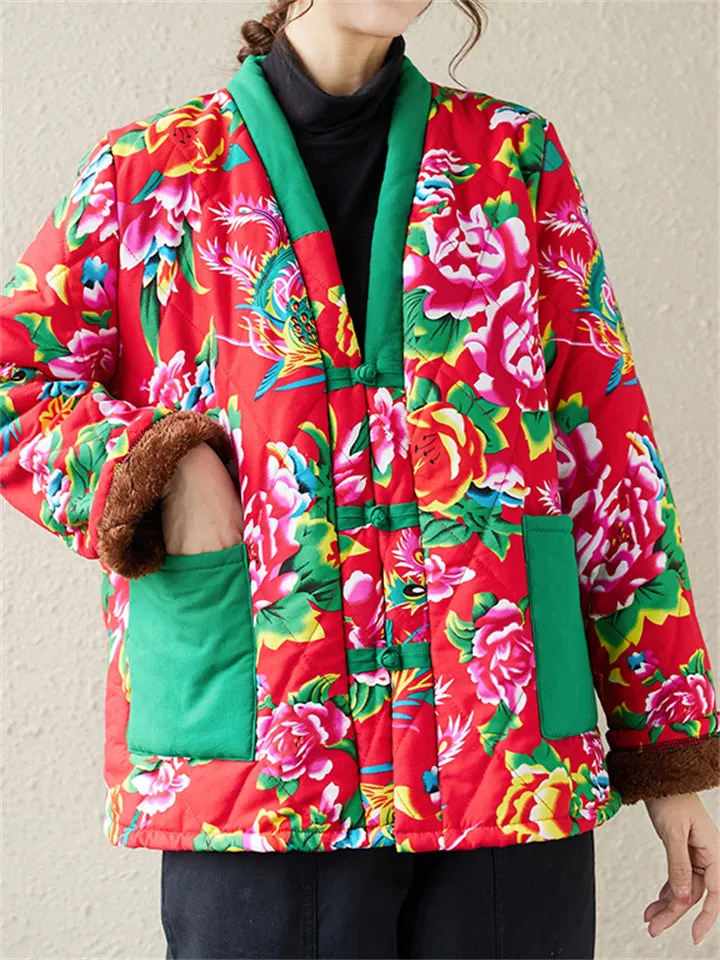 Country Style Red & Green Floral Print V-Neck Plush Liner Coat