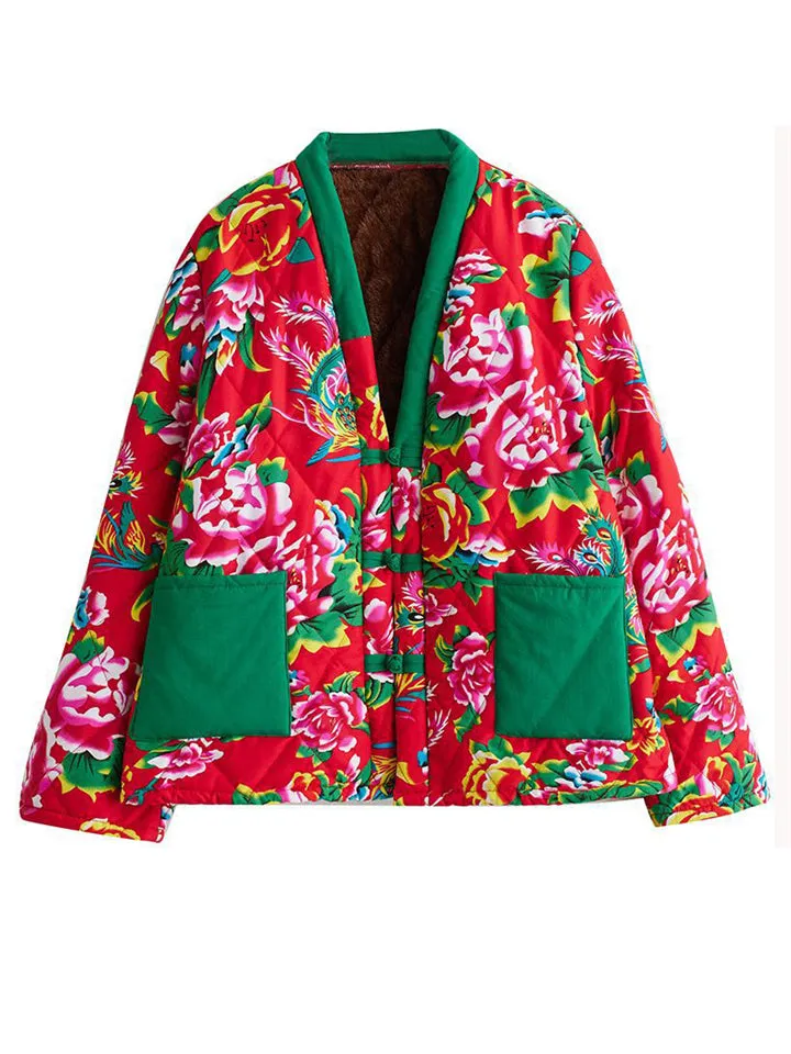 Country Style Red & Green Floral Print V-Neck Plush Liner Coat