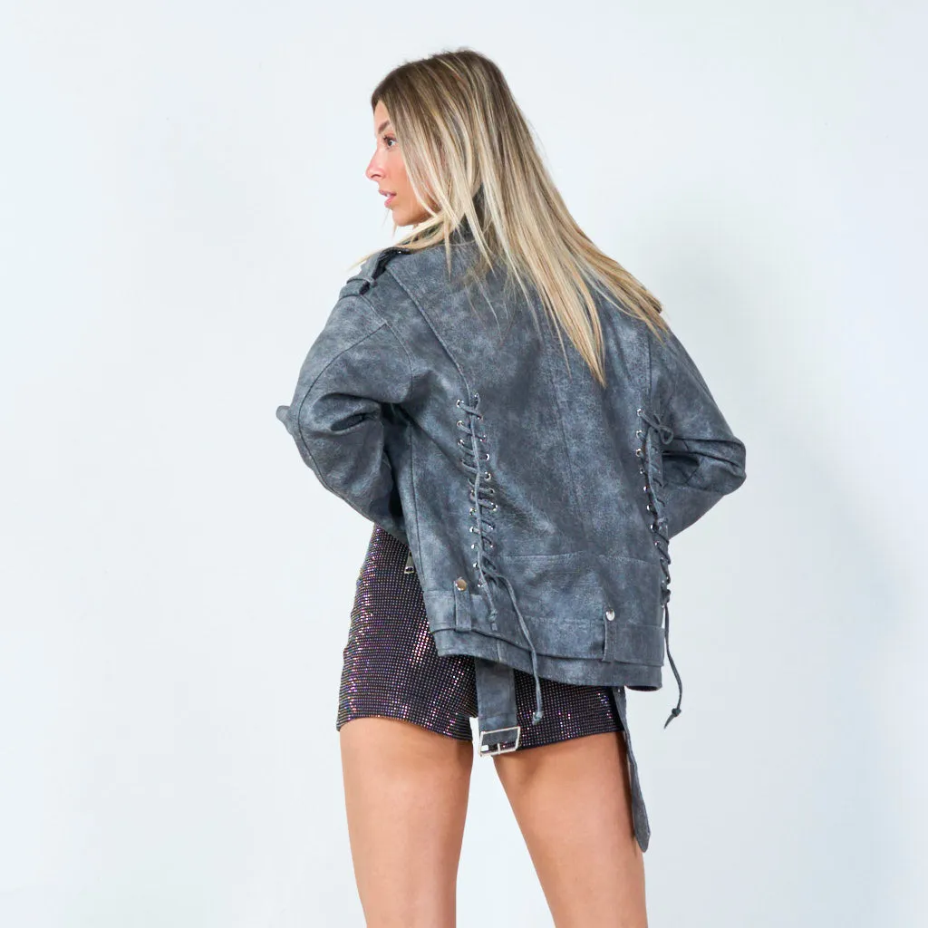 Distressed faux leather biker jacket wholesale