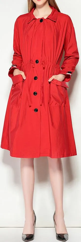 Draw-String Single-Breasted Trench Coat - Red or Dark Blue