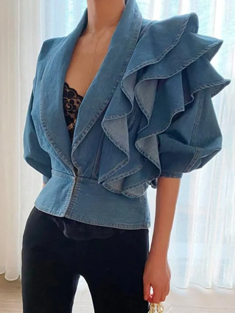 Elegant Pleated Bomber Denim Blouses