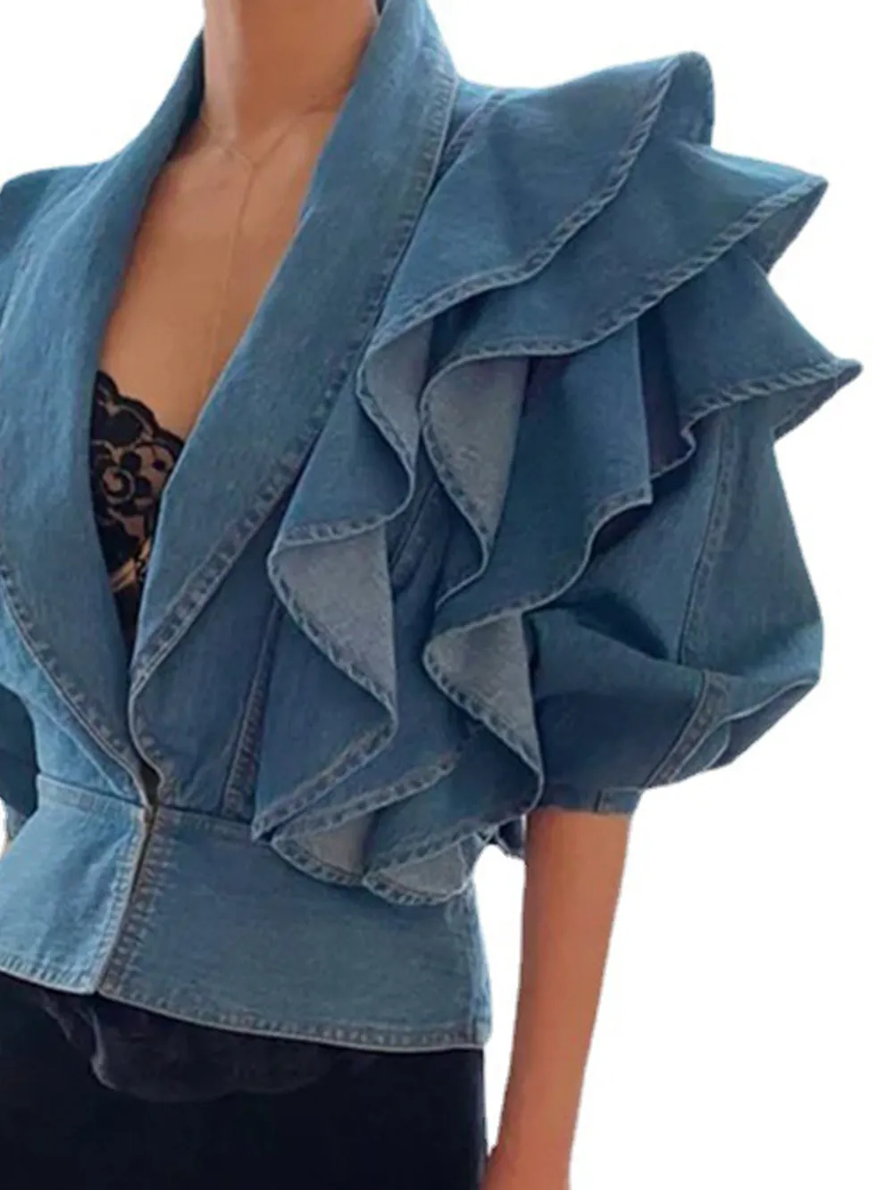 Elegant Pleated Bomber Denim Blouses