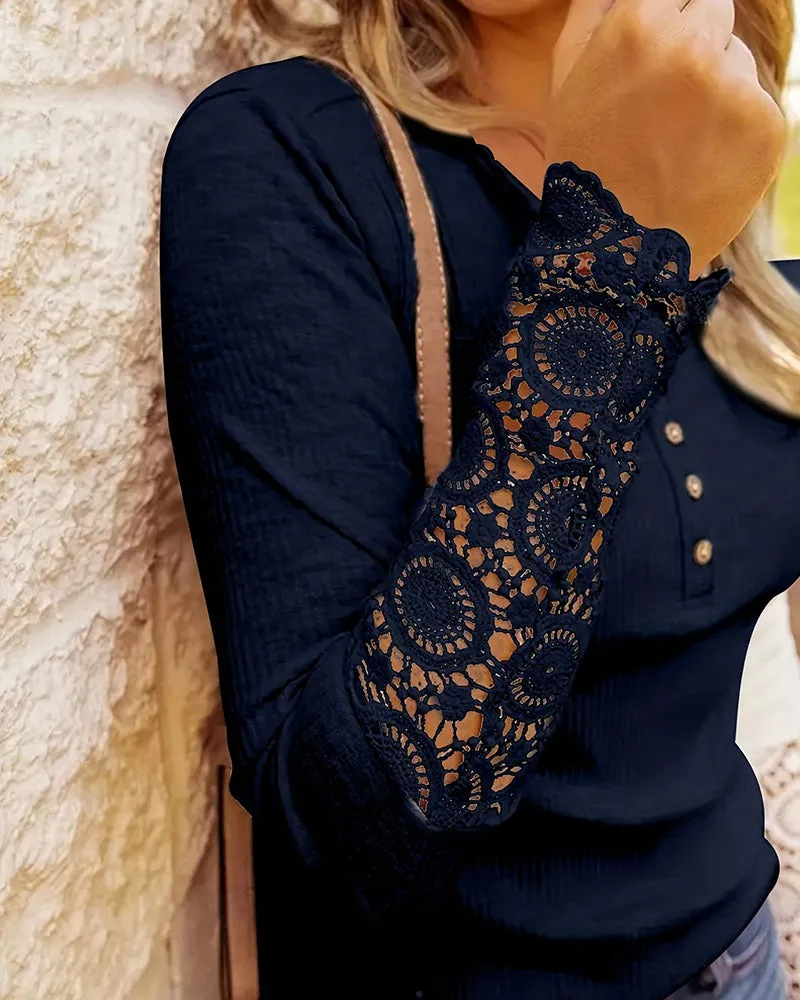 Elegant solid color lace patchwork button top