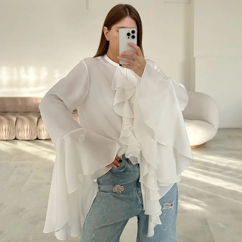 Elegant White Chiffon Bell Sleeve Ruffled Top for Women - Perfect for Spring and Summer