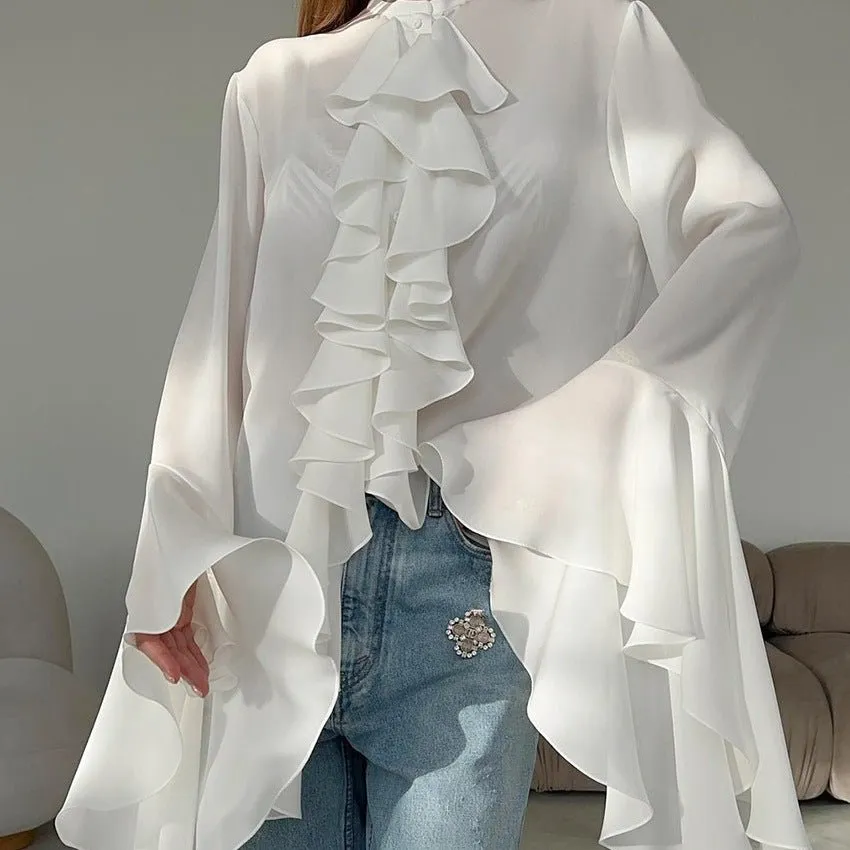 Elegant White Chiffon Bell Sleeve Ruffled Top for Women - Perfect for Spring and Summer