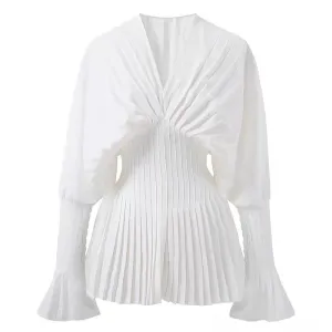 Elegant Women Loose White V-Neck Pleated Shirts Female Full Sleeve Tops Blouses Casual Blusas