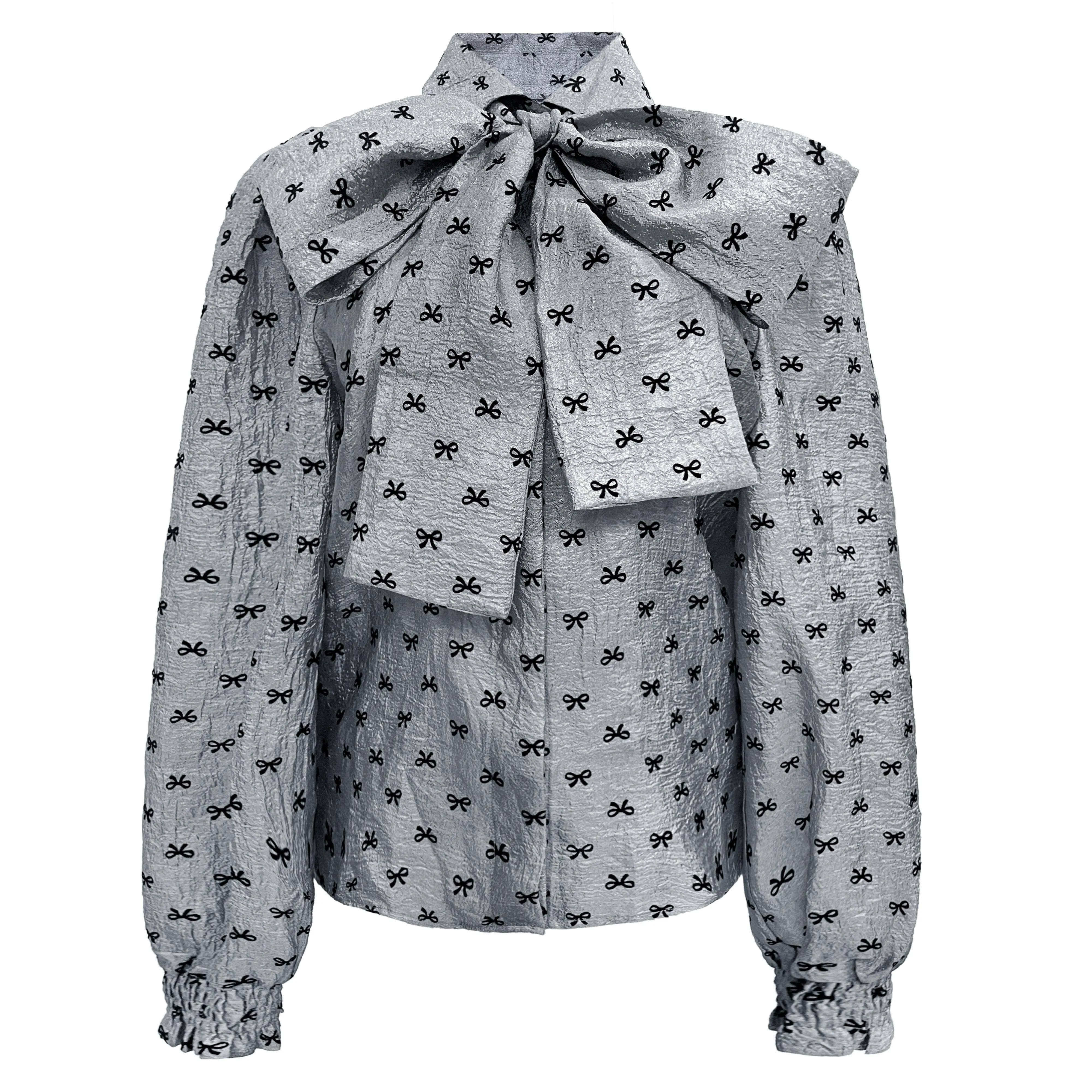 ELINA-LS-BLOUSE - GREY BLACK BOW