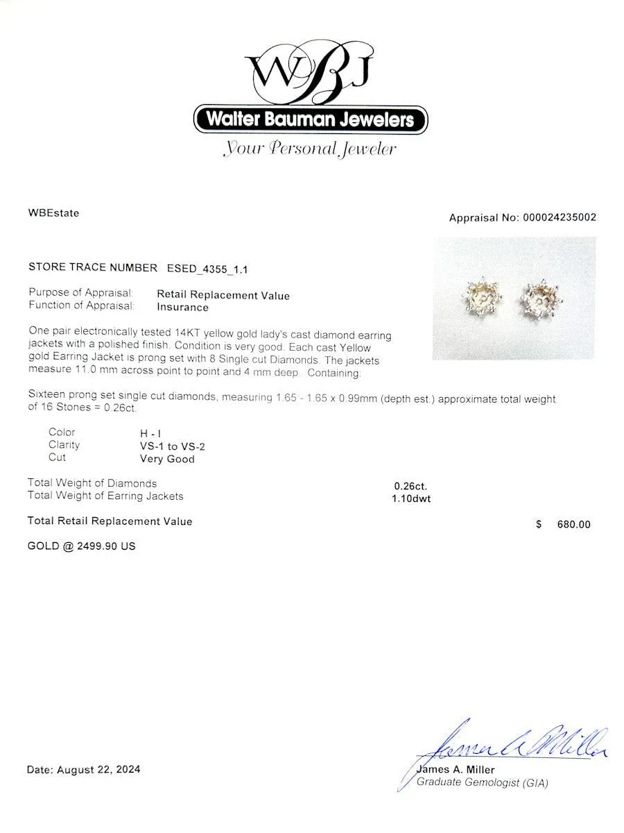 Estate 14K Y Gold 0.26ctw H-I/VS1-2 Diamond Earring Jackets