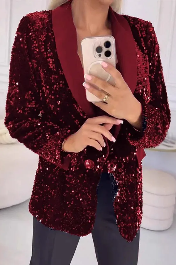 Fashion Sequin Lapel Long Sleeve Casual Blazer