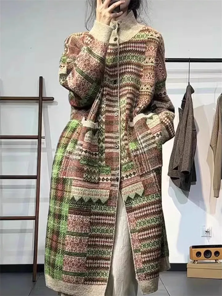 Female Ethnic Style Jacquard Mid-length Single-breasted Knit Coat