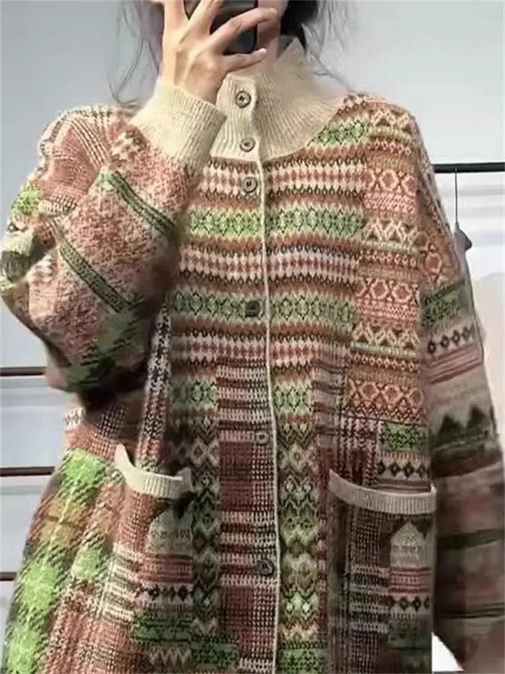 Female Ethnic Style Jacquard Mid-length Single-breasted Knit Coat