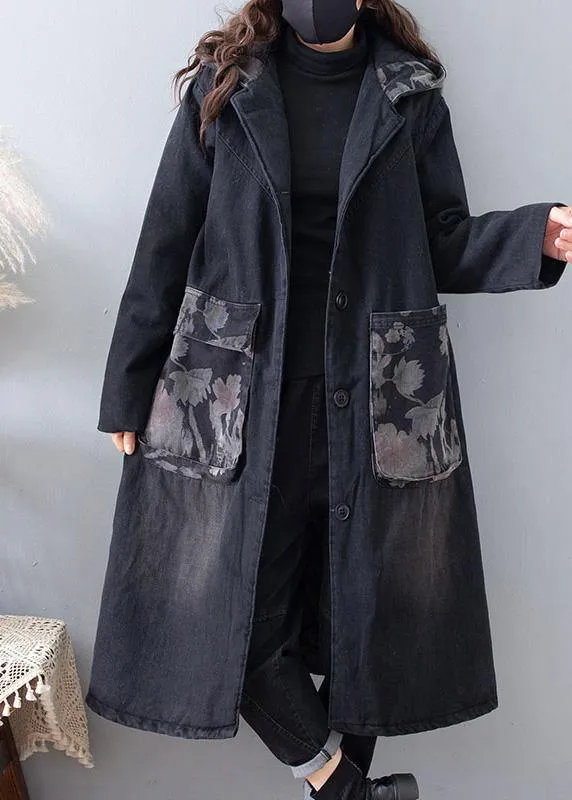 Fine Plus Size Clothing Coats Denim Black Hooded Pockets Outwear