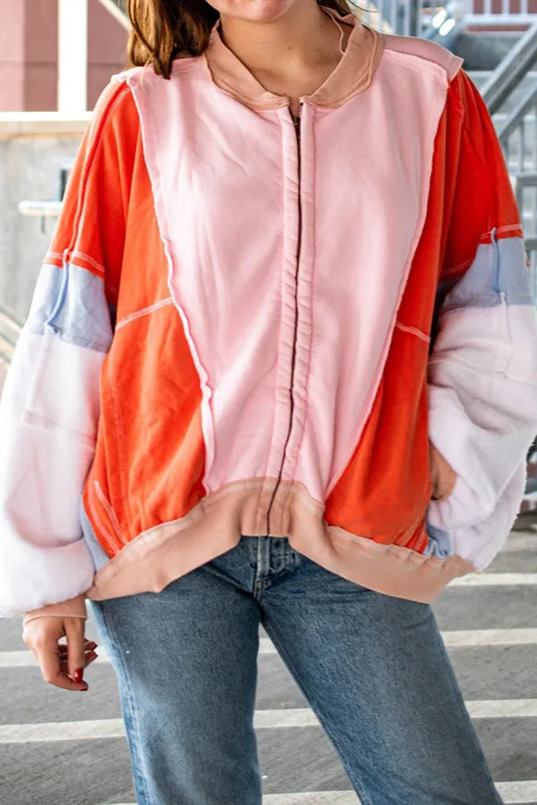 Fresh Color Matching Loose Casual Round Neck Jacket