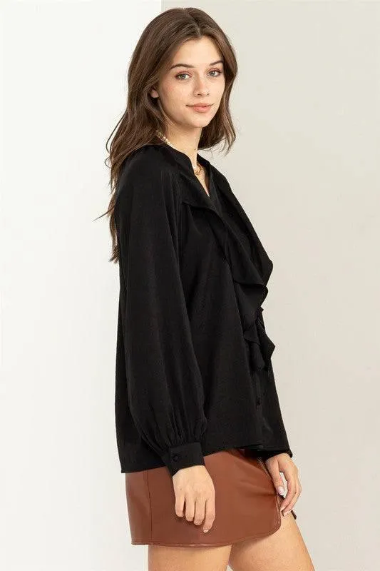 Front ruffle long sleeve blouse