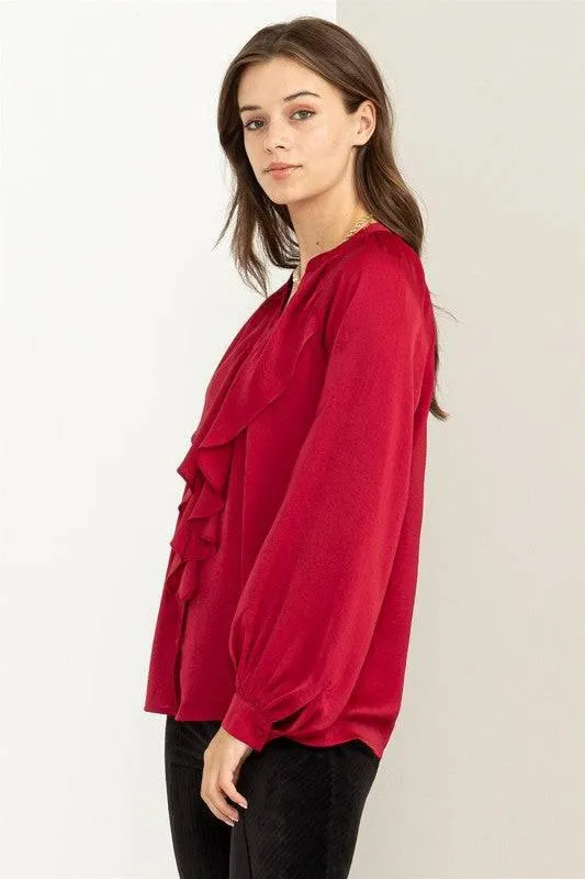 Front ruffle long sleeve blouse