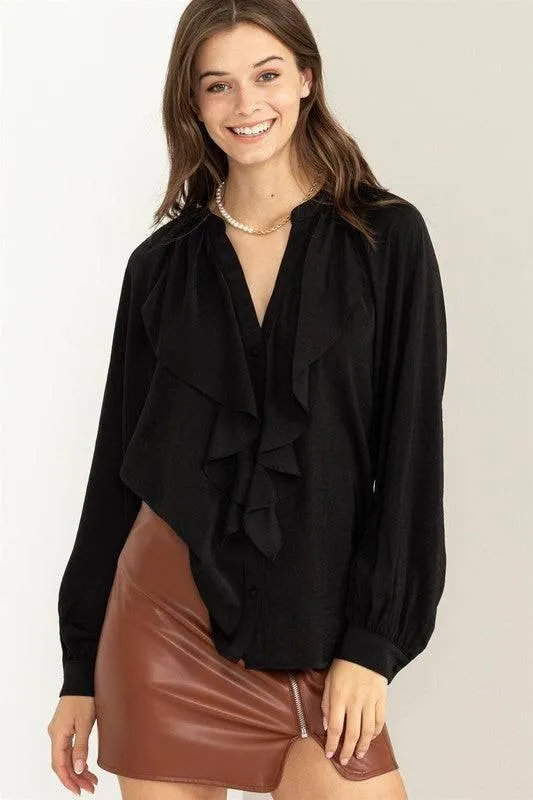 Front ruffle long sleeve blouse