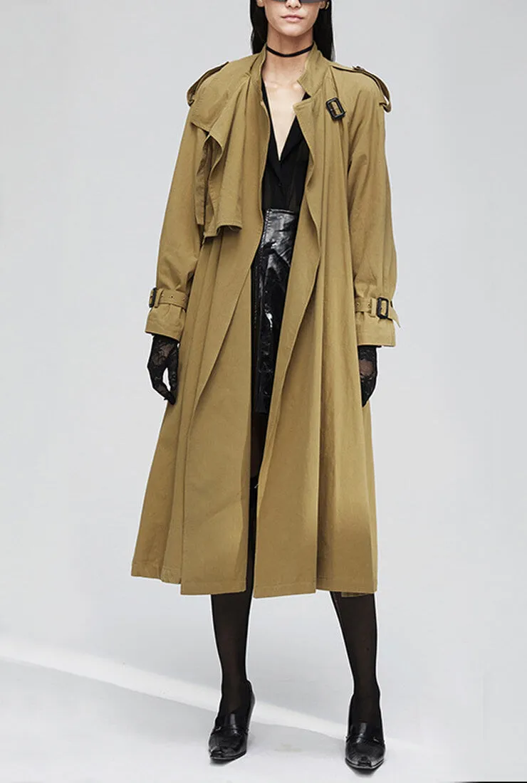 Khaki Overknee Waist Belted Long Trench Coat