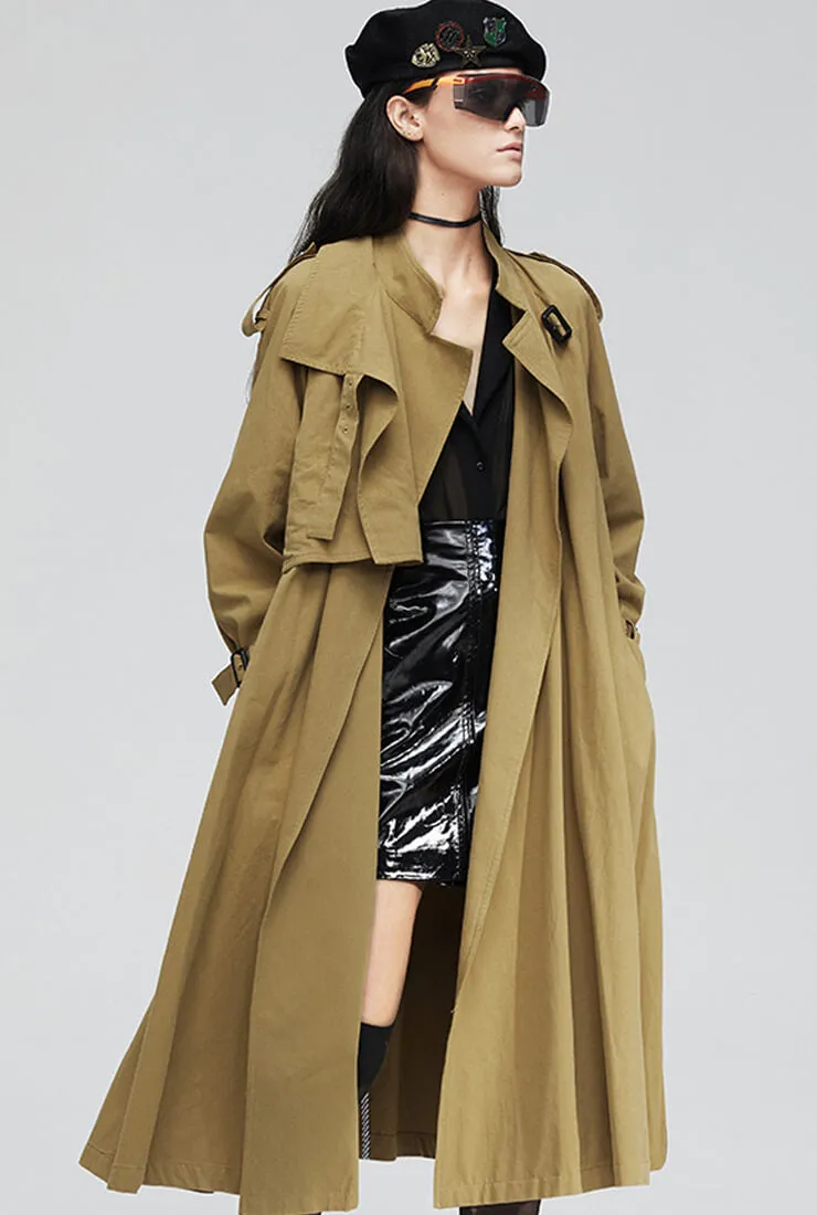 Khaki Overknee Waist Belted Long Trench Coat