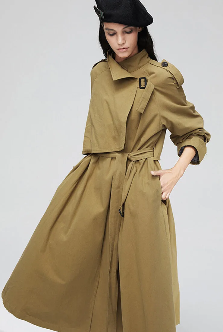 Khaki Overknee Waist Belted Long Trench Coat