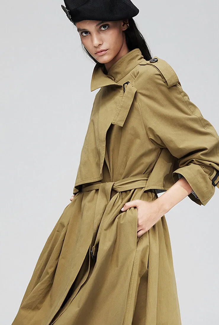 Khaki Overknee Waist Belted Long Trench Coat