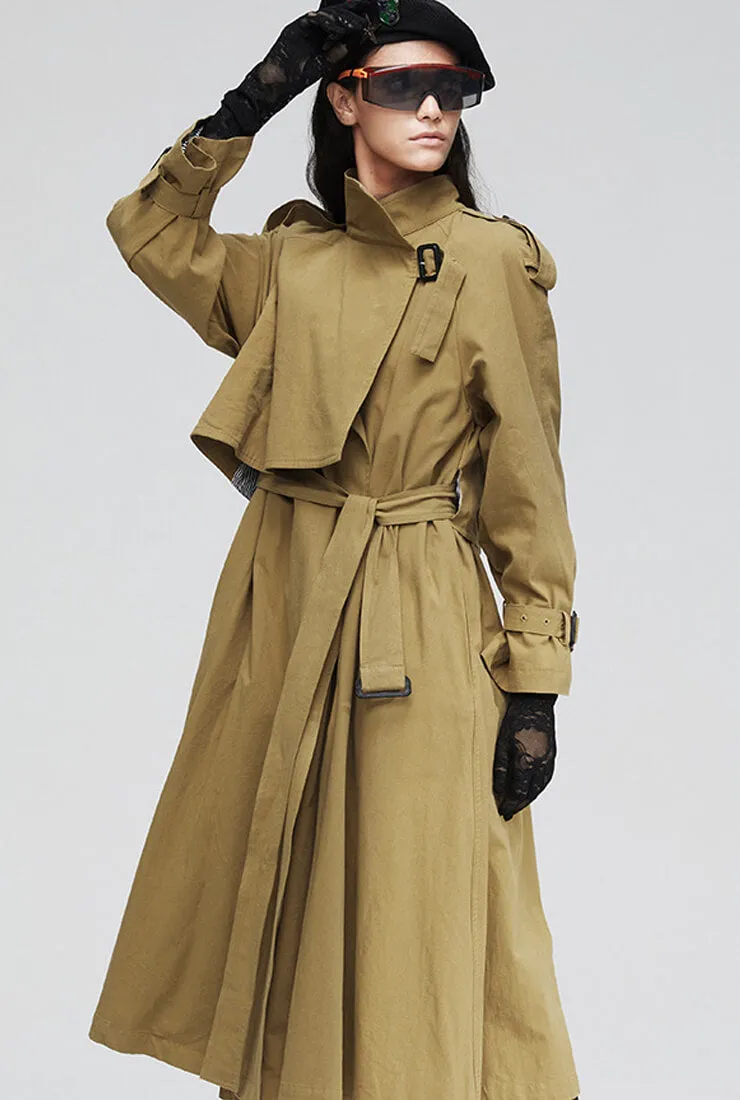 Khaki Overknee Waist Belted Long Trench Coat