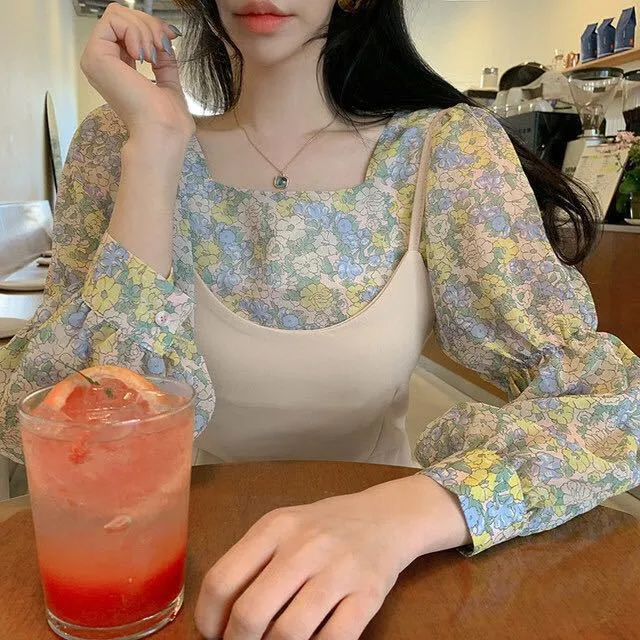 Korea Chic Gentle Sweet Look Floral Slim Square Neck Loose All-Matching Lantern Sleeve Shirt Tops Women Blouse