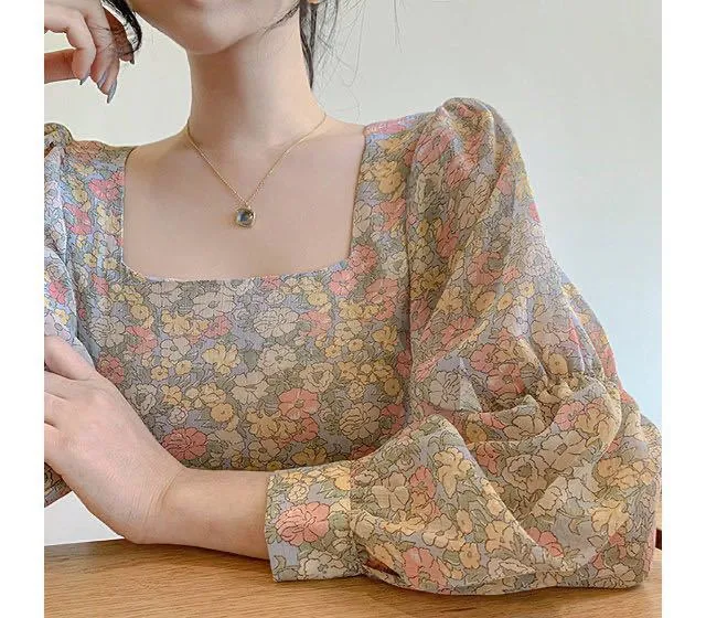 Korea Chic Gentle Sweet Look Floral Slim Square Neck Loose All-Matching Lantern Sleeve Shirt Tops Women Blouse