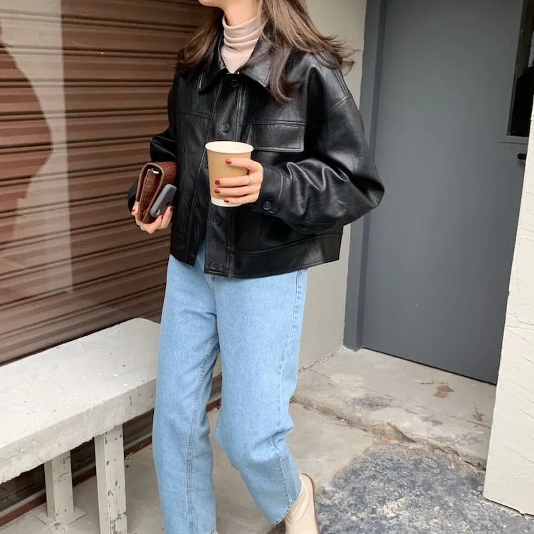 [Korean Style] 2 Colors Cropped Faux Leather Jacket