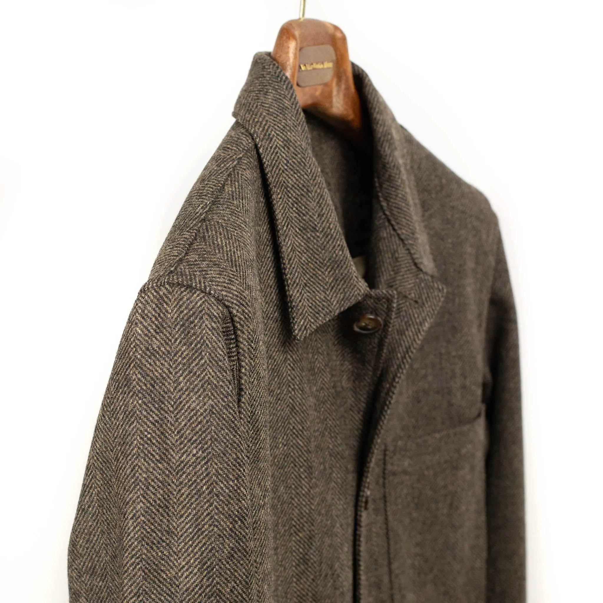 Labura chore coat in brown and black herringbone brushed virgin wool