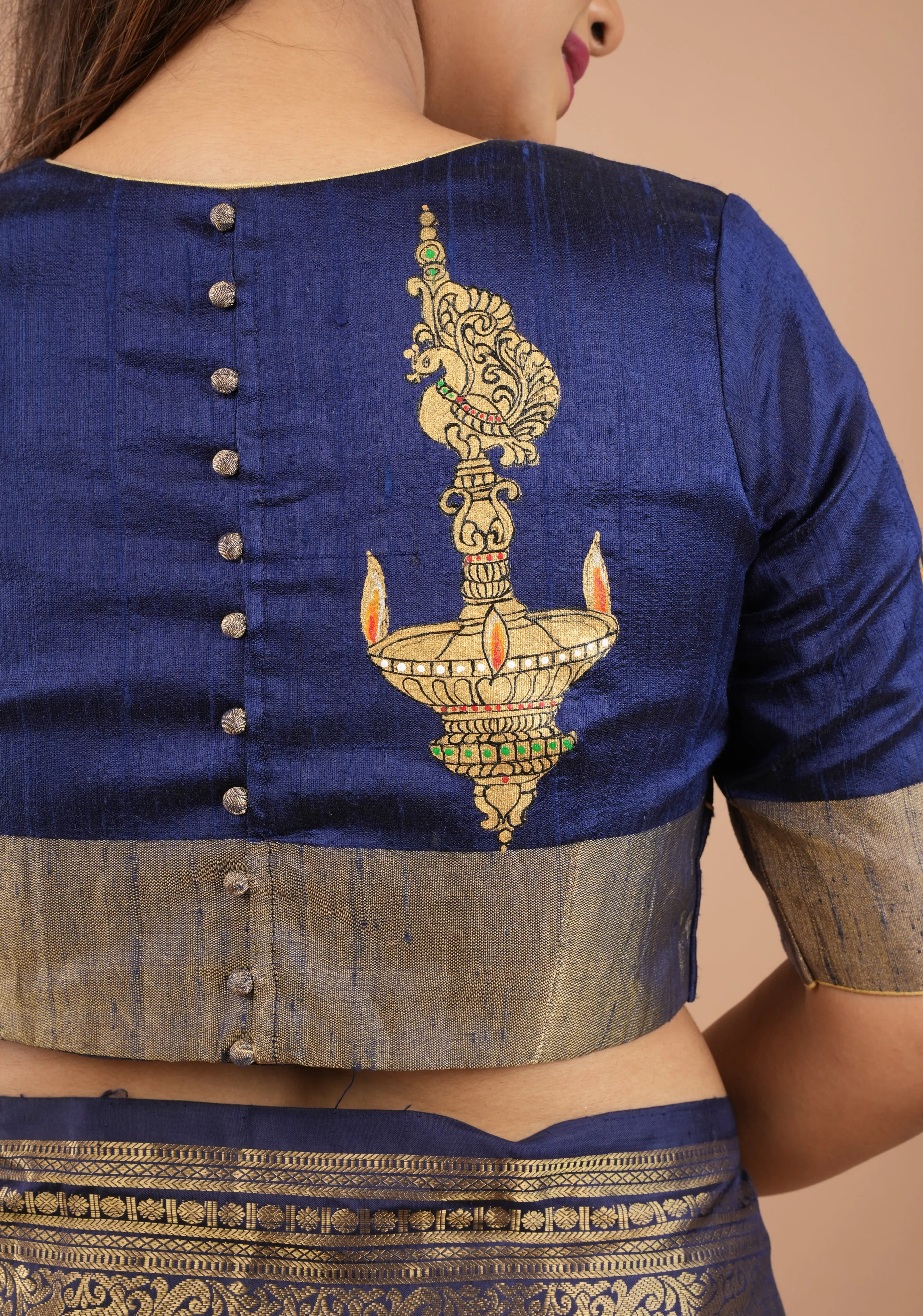 Lamp Handpainting on pure Raw Silk  Navy Blue Blouse with Tissue Borders and Potli detailing, Customizable, made to order