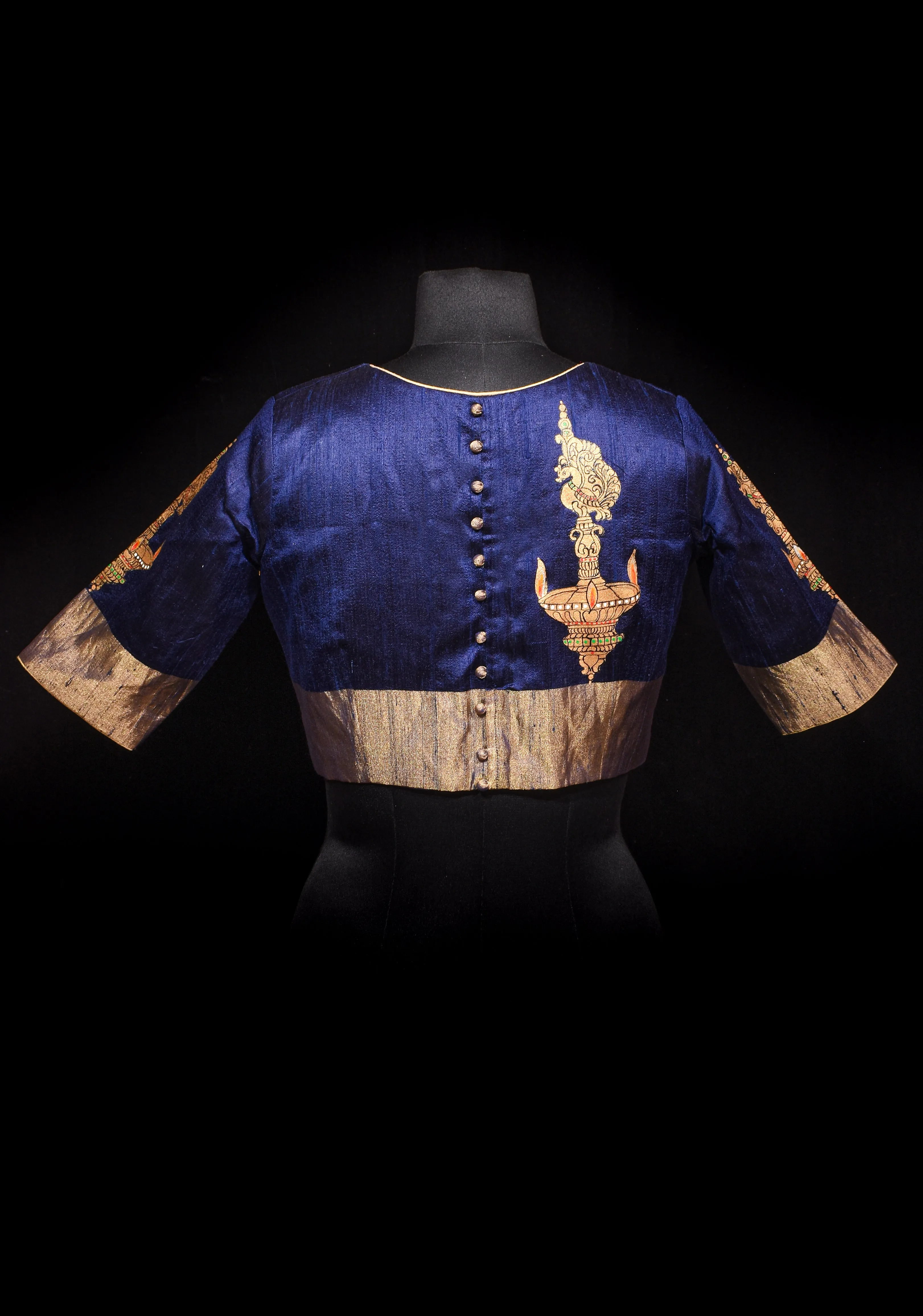 Lamp Handpainting on pure Raw Silk  Navy Blue Blouse with Tissue Borders and Potli detailing, Customizable, made to order