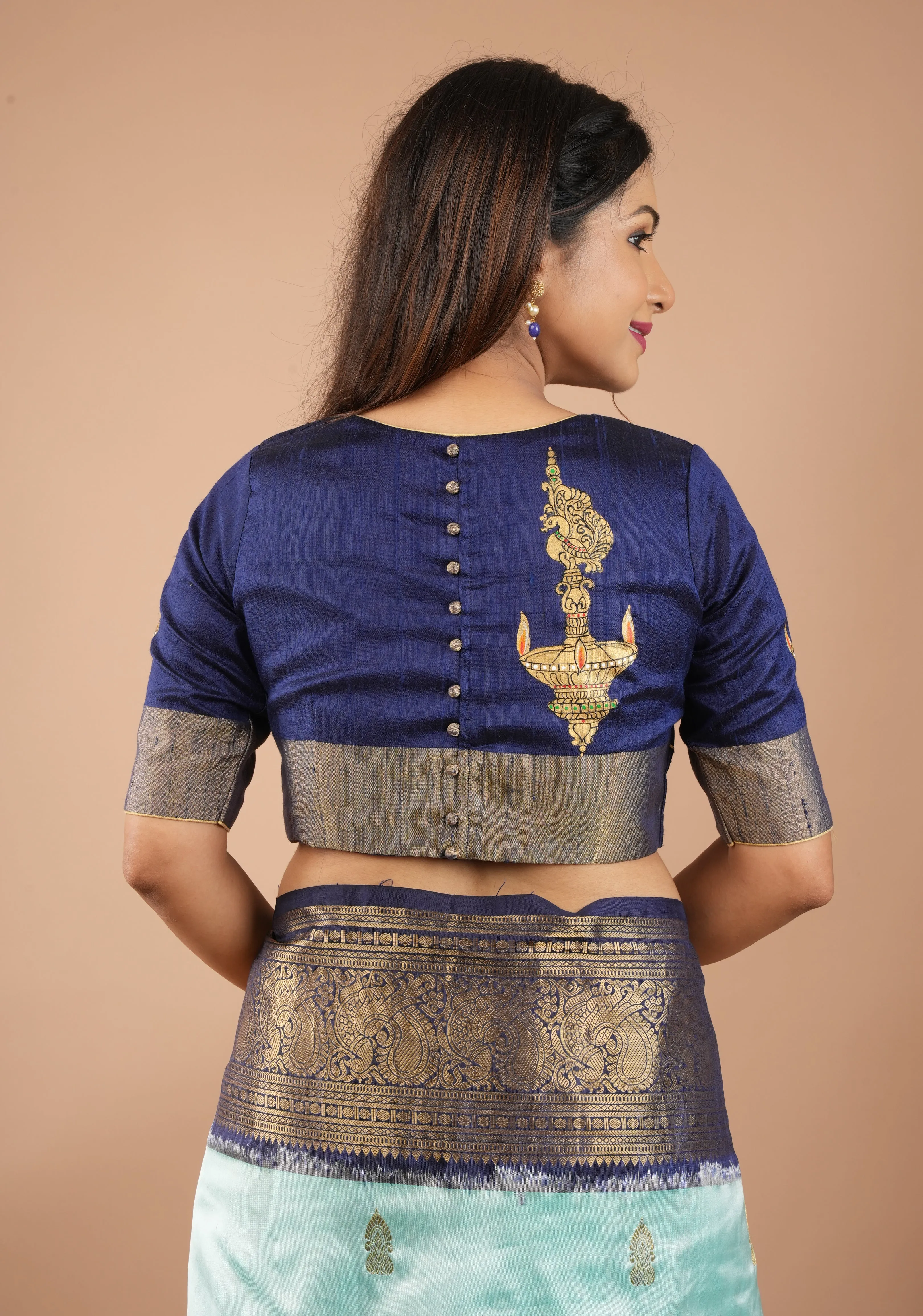 Lamp Handpainting on pure Raw Silk  Navy Blue Blouse with Tissue Borders and Potli detailing, Customizable, made to order