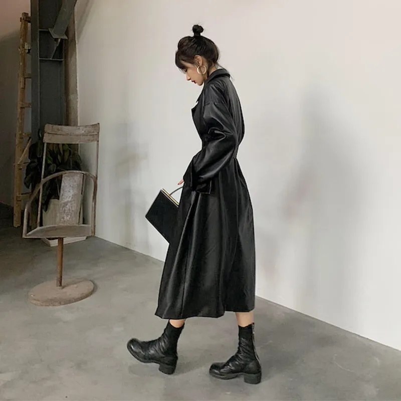 Lautaro Long oversized leather trench coat for women long sleeve lapel loose fit Fall black women plus size clothing streetwear