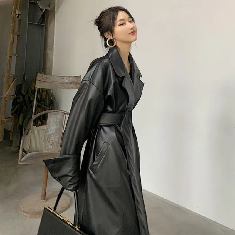 Lautaro Long oversized leather trench coat for women long sleeve lapel loose fit Fall black women plus size clothing streetwear