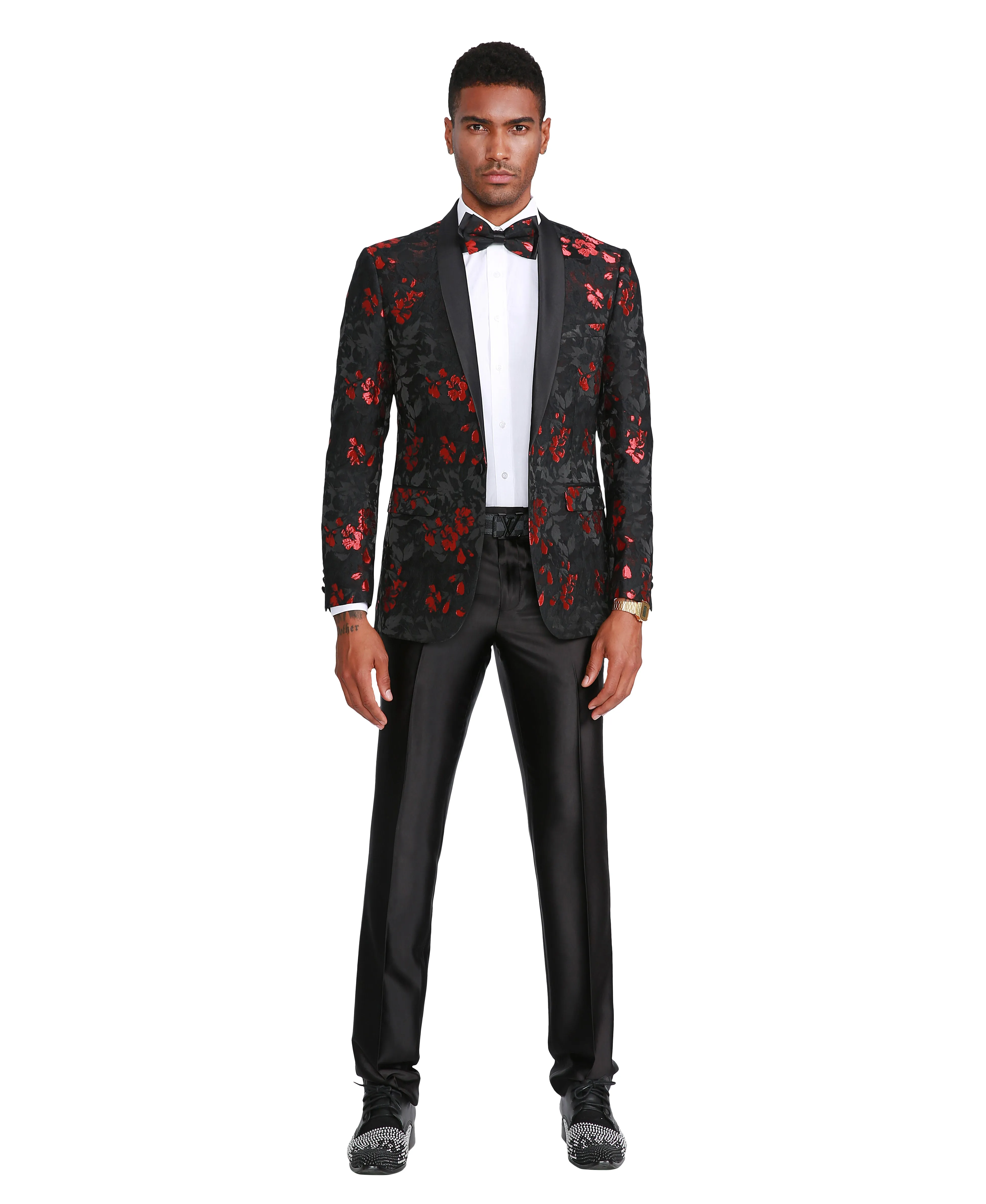 Men's Floral Slim-Fit Blazer w/ Satin Shawl Collar