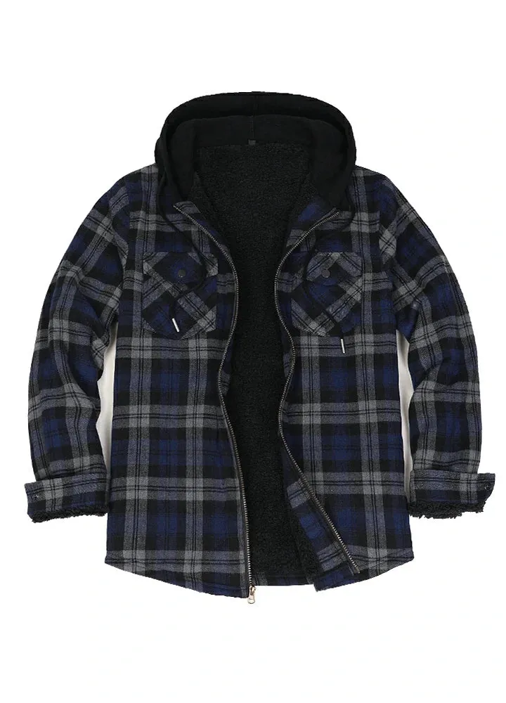 Men's Sherpa Lined Flannel Shirt Jacket with Hood,Plaid Shirt-Jac