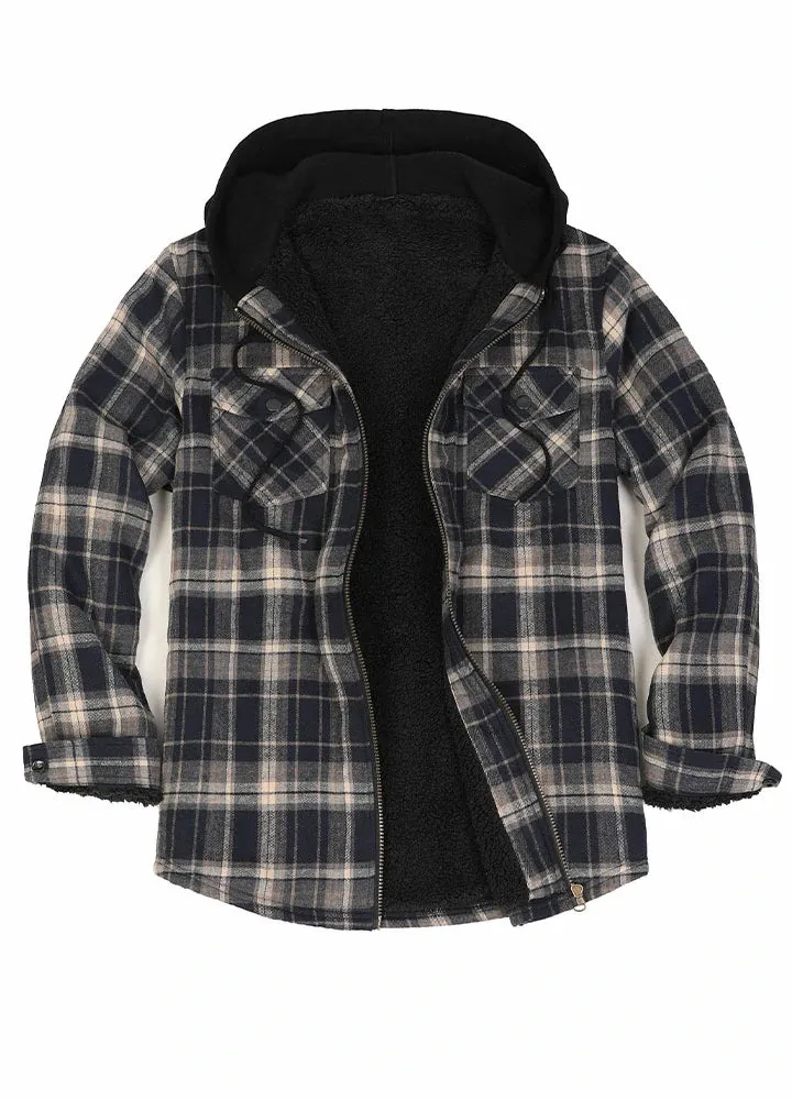 Men's Sherpa Lined Flannel Shirt Jacket with Hood,Plaid Shirt-Jac