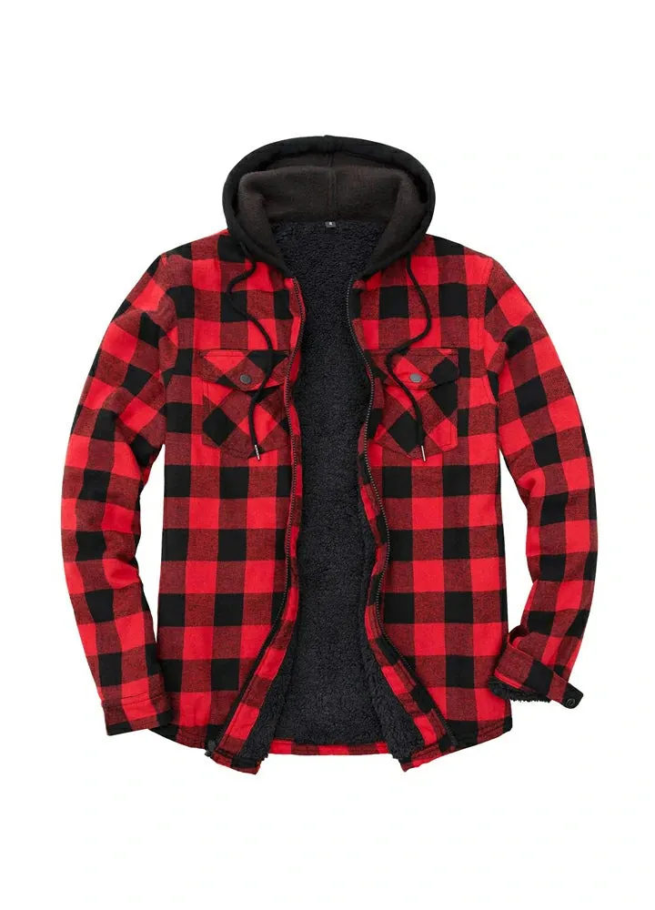 Men's Sherpa Lined Flannel Shirt Jacket with Hood,Plaid Shirt-Jac