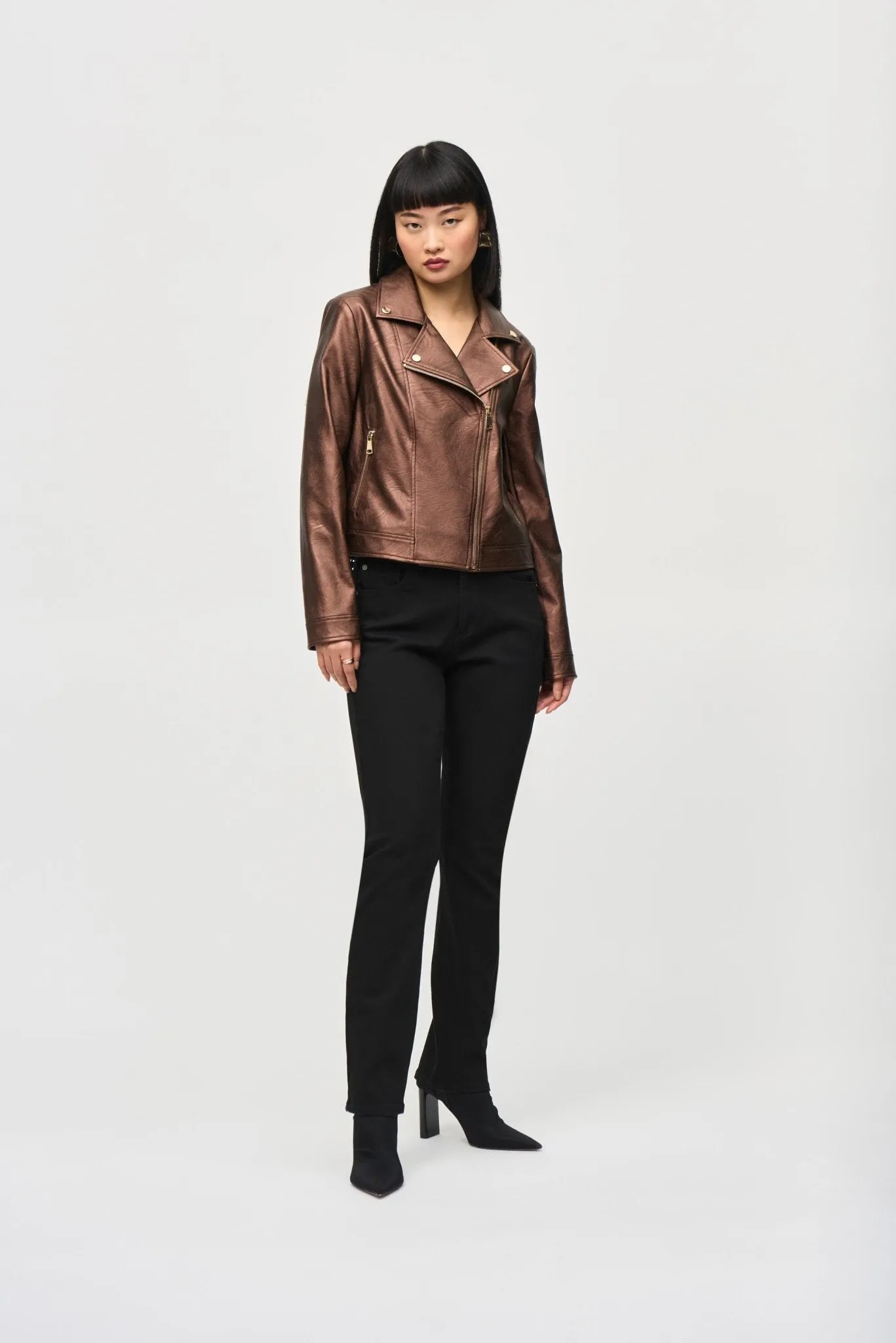 Metallic Faux Leather Biker Jacket Style 234902│Bronze